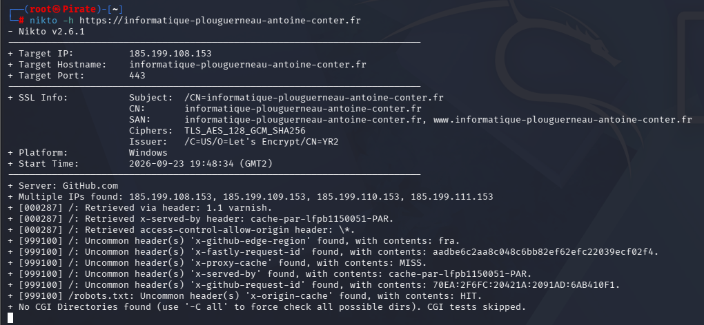 Scan Nikto sur informatique-plouguerneau-antoine-conter.fr — audit sécurité web Kali Linux