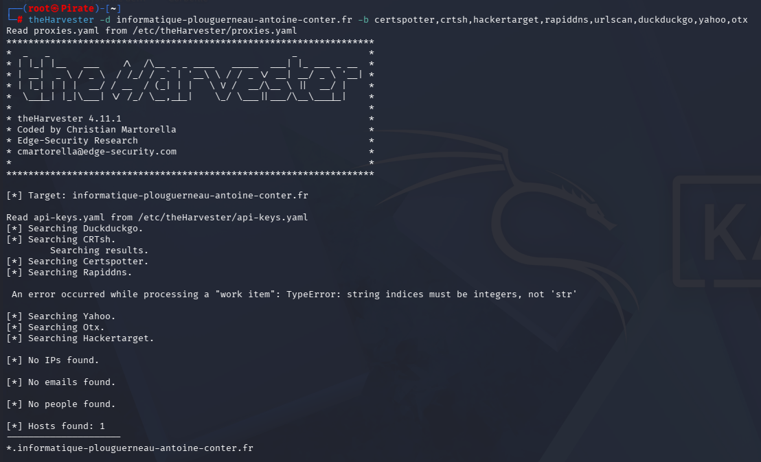 theHarvester OSINT scan sur le domaine informatique-plouguerneau-antoine-conter.fr sous Kali Linux